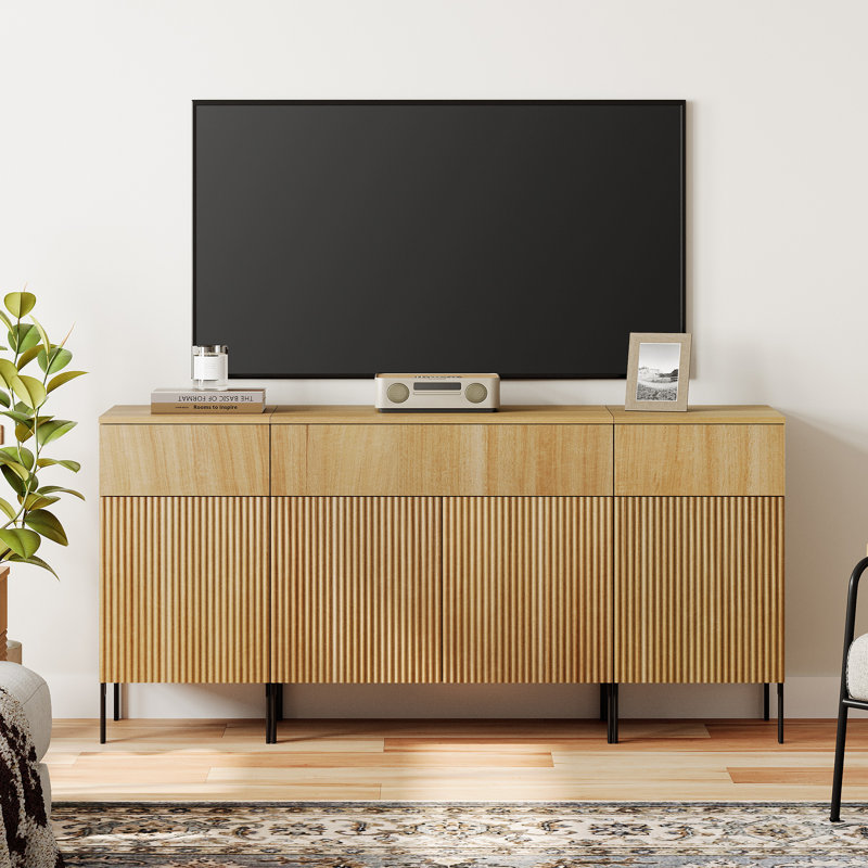 63" Modern Reeded TV Stand With Doors, Entertainment Center With Shelf, Wooden TV Console With Drawers For Living Room, Oak