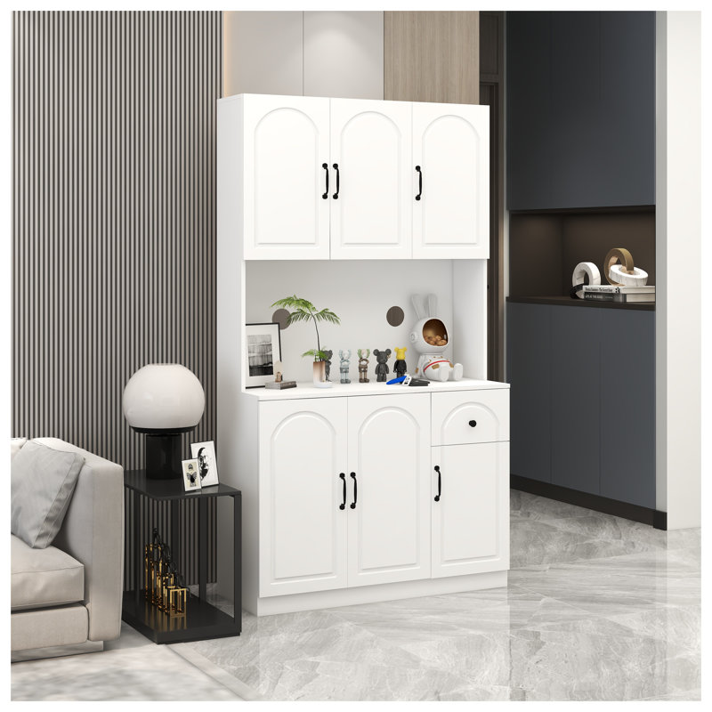 Armoire de rangement pour garde-manger de 71 po avec support à micro-ondes et support autoportant avec tablettes réglables et 6 portes