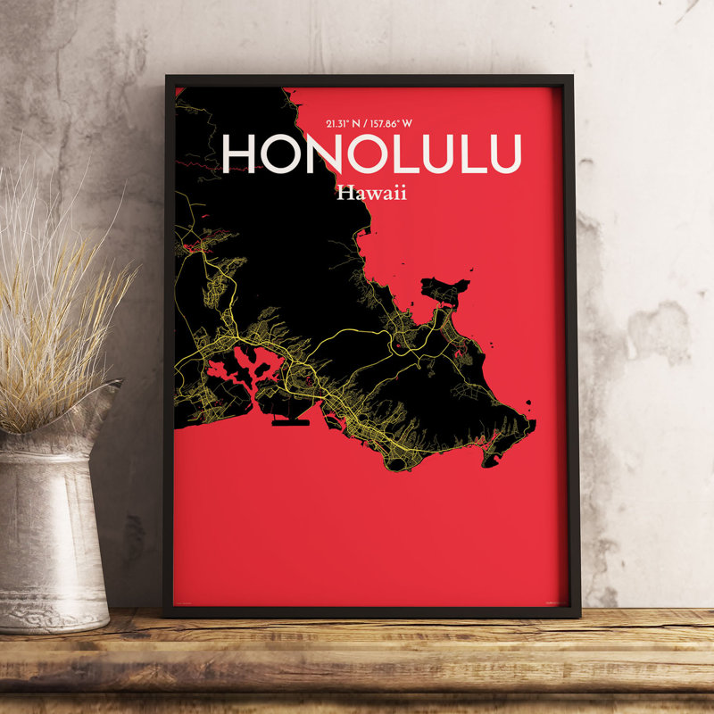 Honolulu City Map - No Frame Print, 91.4cm H x 61cm W x 0.13cm D