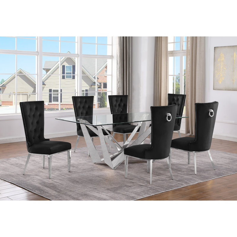 Lebanon Glass Top Trestle Dining Set, Black/Silver, 7