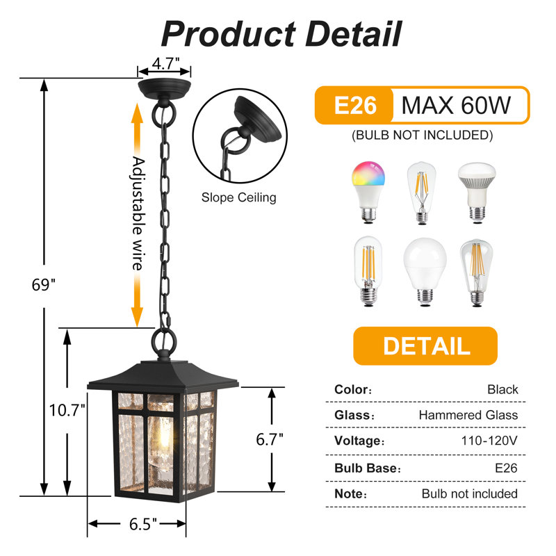 1- Light 10.7''H Black Aluminum Hammered Glass Adjustable ETL Outdoor Hanging Lantern, Matte Black