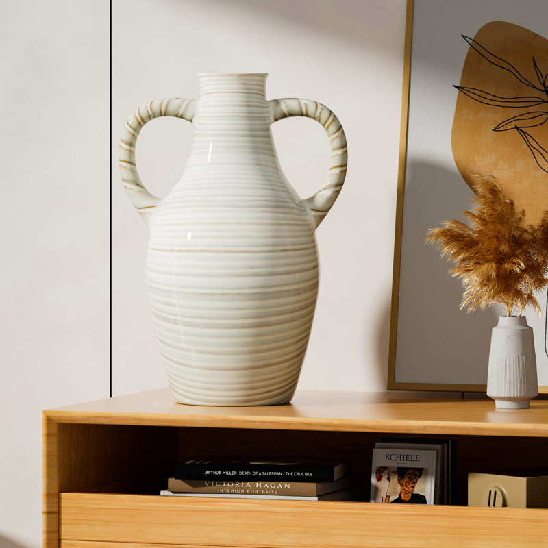 Ceramic Dual Handle Table Vase as Home & Office Decor, No Leakage, Braided Pattern