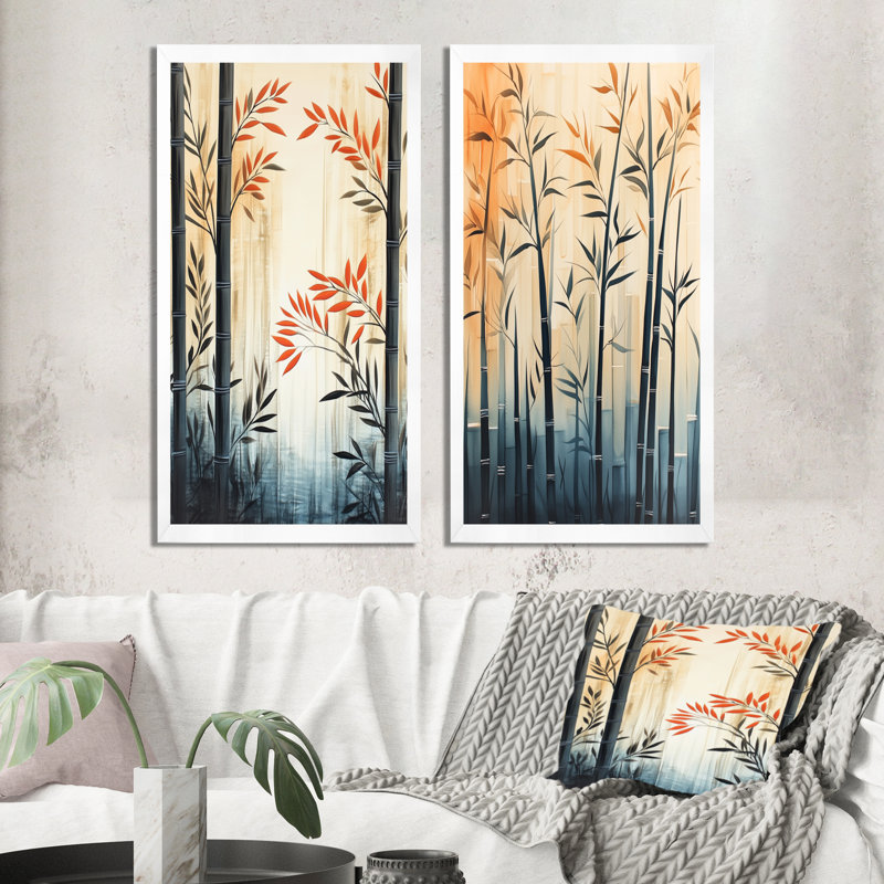 Bambou dans le calme I - Ensemble de 2 grandes décorations murales Japandi, 40" H x 40" W, White Picture Framed