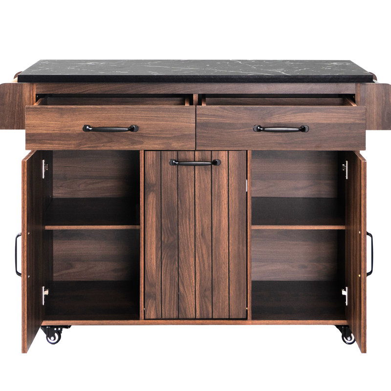 Îlot de cuisine avec rangement pour poubelle, abattant, tablettes réglables, étagère à épices, rangement pour serviettes de style noyer - brun