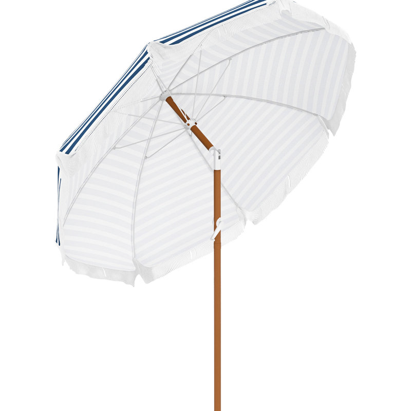 Parasol de patio extérieur 7 x 7 pi avec inclinaison, évent, parasol de table de marché avec volants à franges et volant, bande bleue