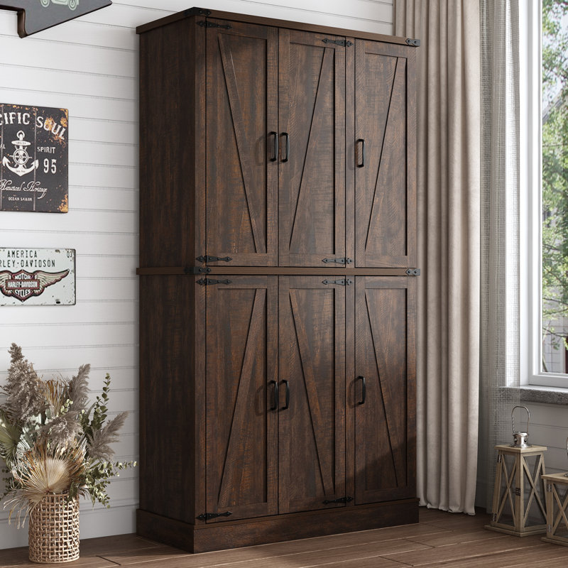 Garde-manger de 71 po de hauteur avec portes de grange pour la cuisine, la salle à manger et le salon, Brun