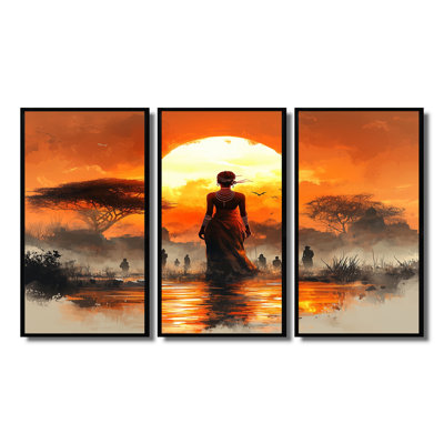 Beautiful African Woman Walks Along The River I - Africa Landscape Wall Decor Set
