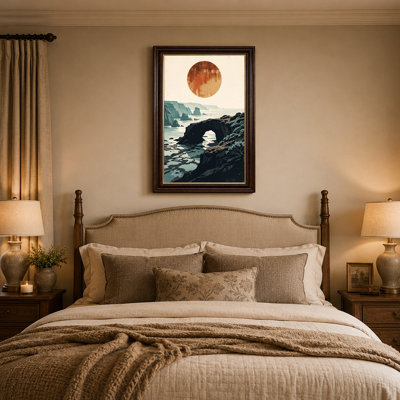 Vintage Coastal Rock Arch and Large Rusty Orange Sun Canvas Wall Art
