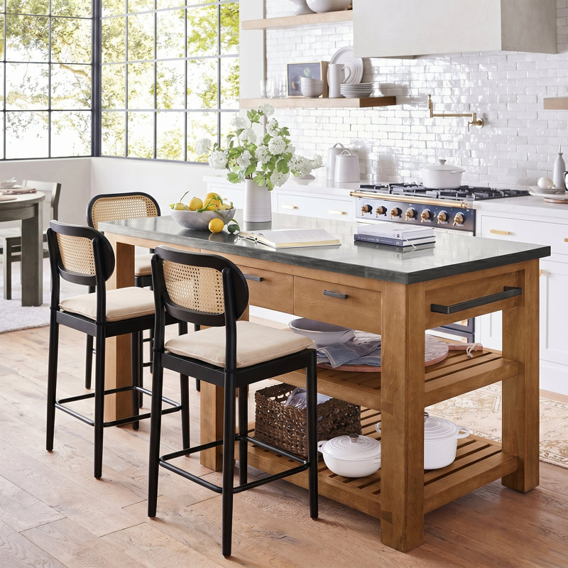 Jacindo Coastal Solid Wood Counter Stool with Rattan Backrest and Removable Padded Cushion, Black