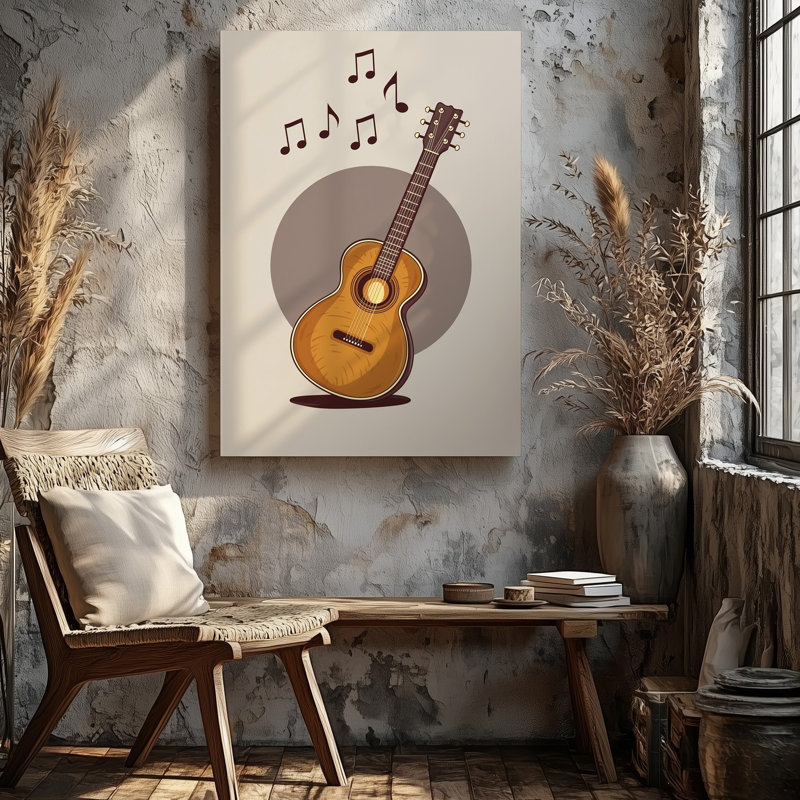 Toile, illustration fantaisiste d'une guitare acoustique centrée sur un art mural, fond beige doux avec une texture subtile
