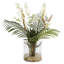 Large Ghostwood Branch With Dendrobium Orchids And Palm Fronds In Glass Dish