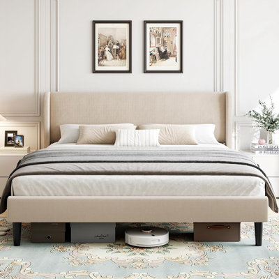 Platform Bed Frame With Upholstered Wingback Headboard, No Box Spring Needed