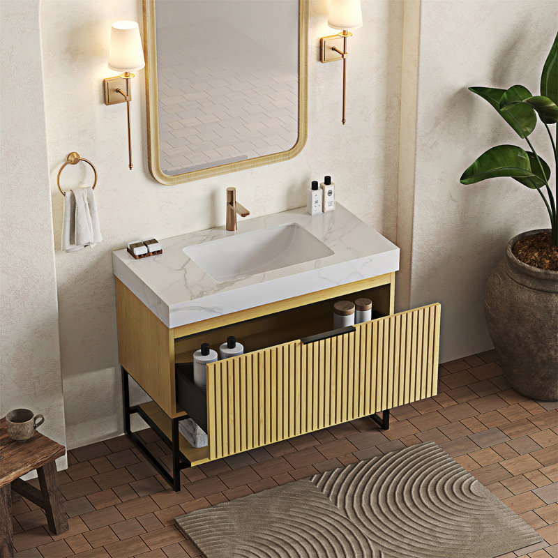 Meuble-lavabo autoportant avec lavabo, Blanc de Carrare, 36"
