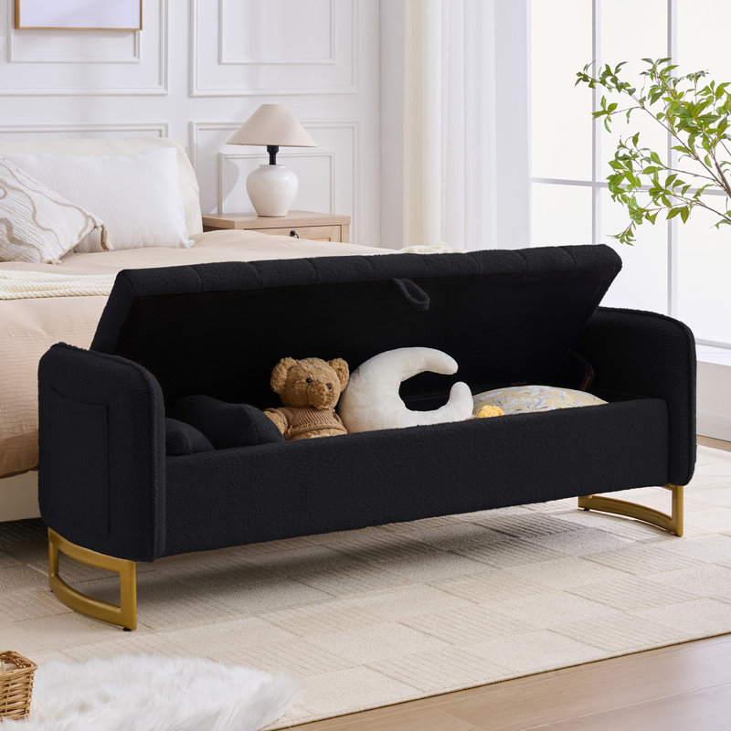 Lunara 66"W Upholstered Teddy Modern Bedroom Storage Bench End of Bed with Gold Legs,Arm Pocket and 2 Pillows, Black Teddy