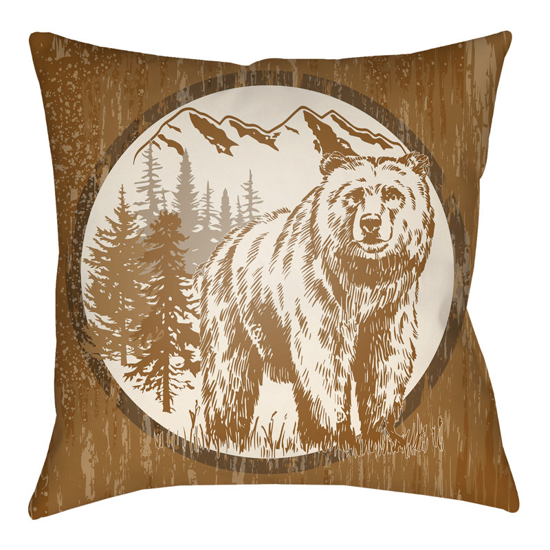Lodge Cabin Bear Reversible Throw Pillow, 16" H x 16" W, Crimson Red/Beige