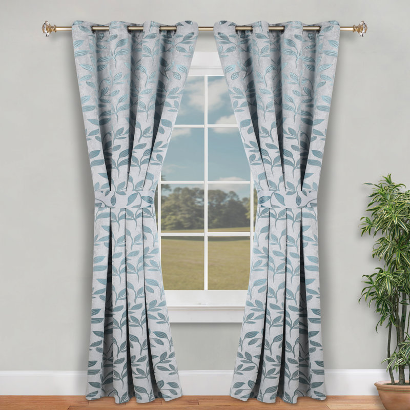 Finklea Floral Pattern Polyester Light Filtering/Room Darkening Rod Pocket Curtain Panels, Teal, 46" W x 96" L