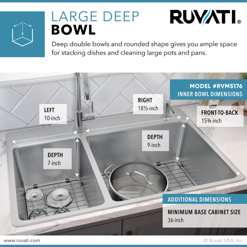 Évier de cuisine encastrable 33 po 22 po Ruvati, 30/70 Double Bowl