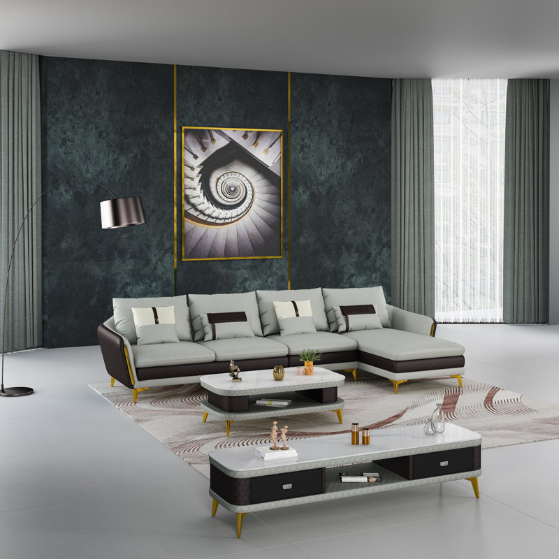 128'' Wide Genuine Leather Sofa & Chaise, Right Hand Facing