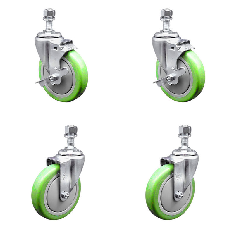Ensemble de roulettes à tige filetée en polyuréthane pivotant vert de 5 pouces et de 12 mm à 2 freins SCC