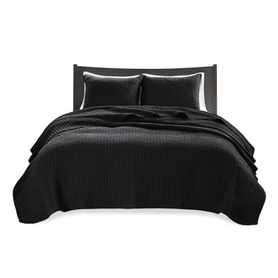Black King/ King Quilt , 3 Pieces, Reversible Coral Quilt, Microfiber, Cotton Filled, Extraordinary Bedding In Black, With Design, Microfiber Fill, , Hygienic, Washable