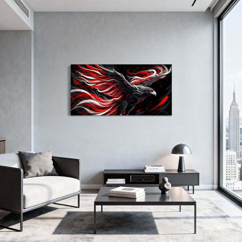 Animaux, aigle, blanc, noir et rouge avec des plumes fluides, H 24 po x l 48 po