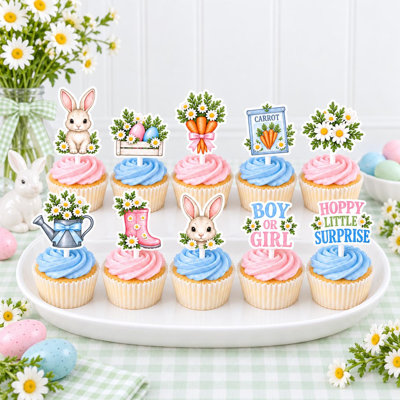 Hoppy Little Surprise Gender Reveal Cupcake Toppers, Bunny Boy or Girl Rabbit Garden Paper Picks, Set of 10
