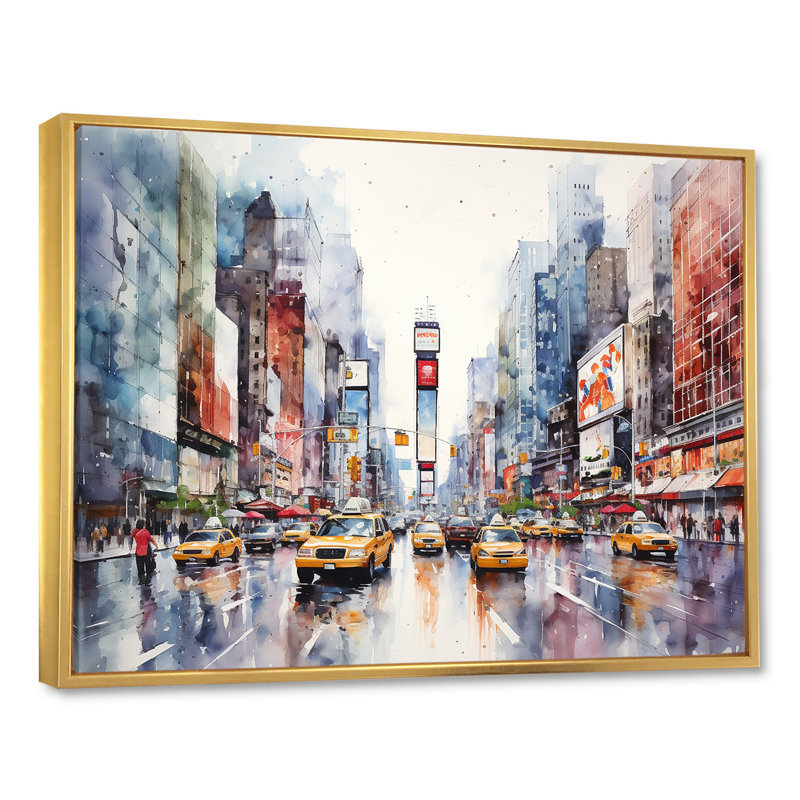 Times Square, paysage urbain de New York I - art mural New York, Cadre flottant doré, H 30 po x l 40 po x P 1,5 po