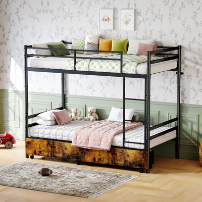 Metal Bunk Bed with drawers, Heavy Duty Bunk with High Guardrail and Safety Entrance Design, Under-Bed Storage Space, Easy Assembly, Noise Free, Black