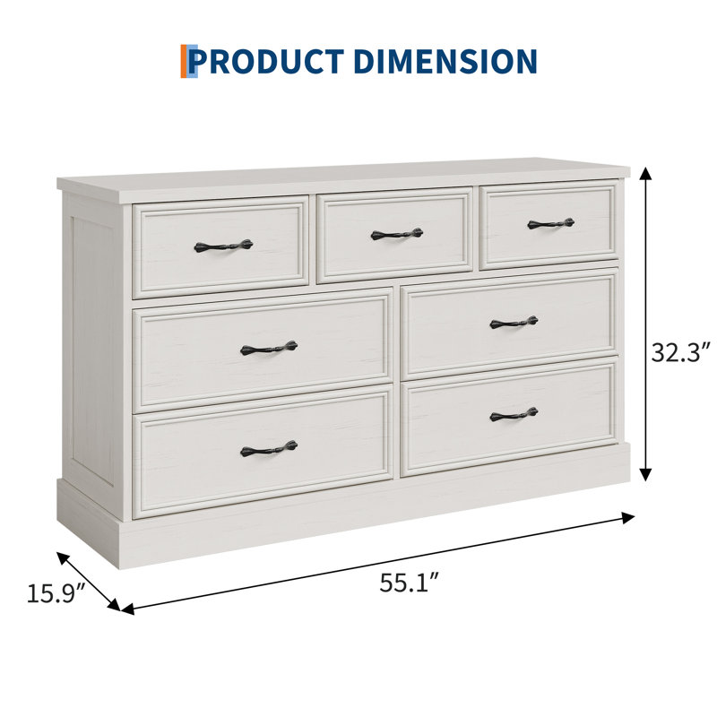 7 Drawer Dresser for Bedroom, 55" Wide Wooden Dressers with Metal Handle, Mid Century Modern Chest of Drawers Closet Clothes Storage Organizer for Living Room, Entryway