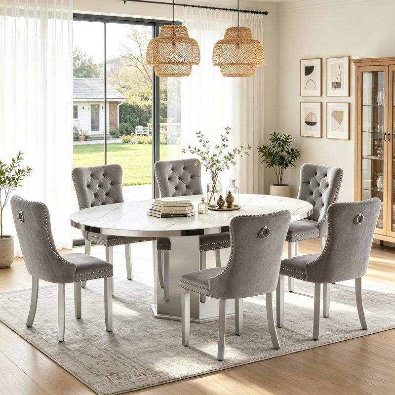 Round Faux Marble Dining Table Set, 47.24"-63" Extendable Oval Dining Table & Tufted Velvet Chairs, Modern Mirrored Kitchen Dining Room Table and Chairs Set
