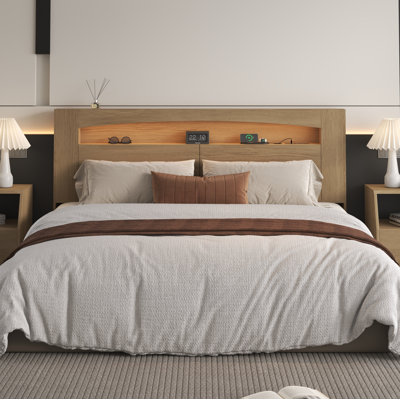 Queen Headboard, Storage, RGB LED Lighting, USB & AC Charging Station, Recessed Baseboard – Modern Wood Bedroom Furniture