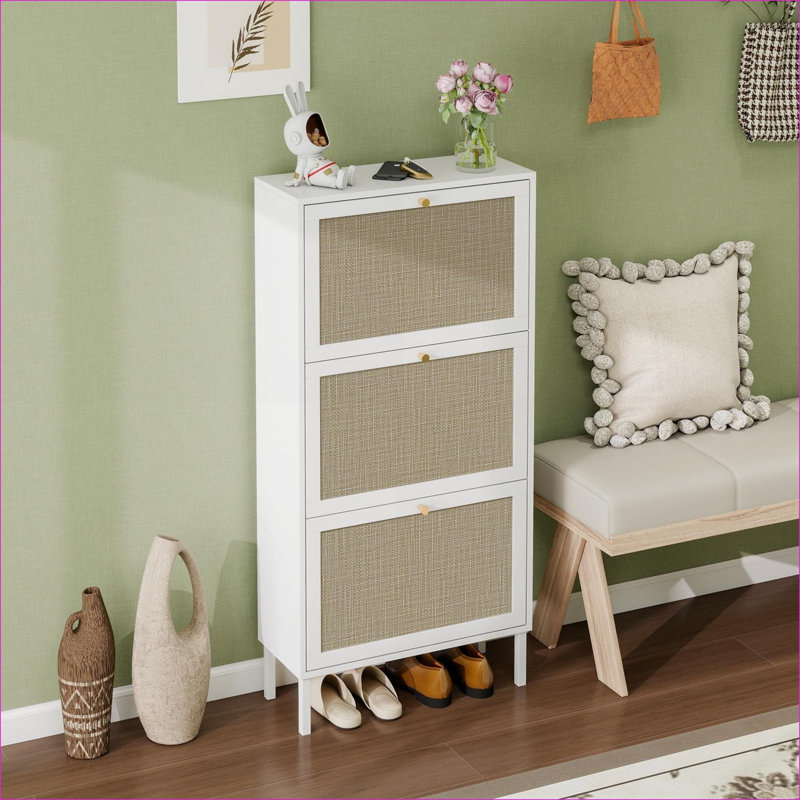 Shoe Storage Cabinets | 3-Door Freestanding Engineered Rattan Entryway Shoe Organizer | off-white | Particle Board, White