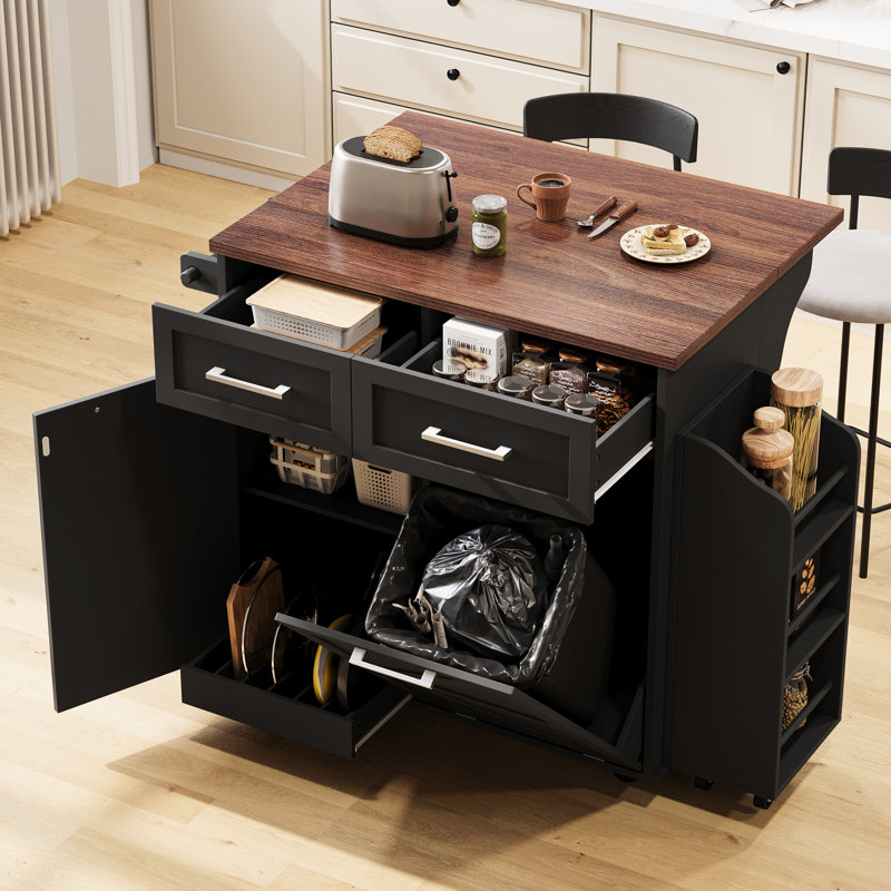 47.2" Kitchen Island, Drop Leaf, Removable Side , Towel Rack, Concealed Tilt Trash Container Can Cabinet, Black