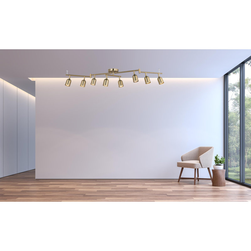 Luminaire sur rail moderne 8 lumières, projecteur de bar rotatif au centre en laiton mat, ensemble d'éclairage sur rail à bras pliables pour la cuisine, la salle à manger, le salon, l'ampoule GU10 non incluse