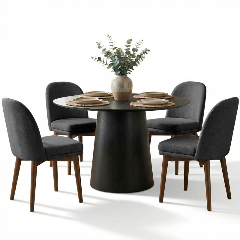 5-Piece Round Dining Table Set For 4, Charcoal Linen Blend