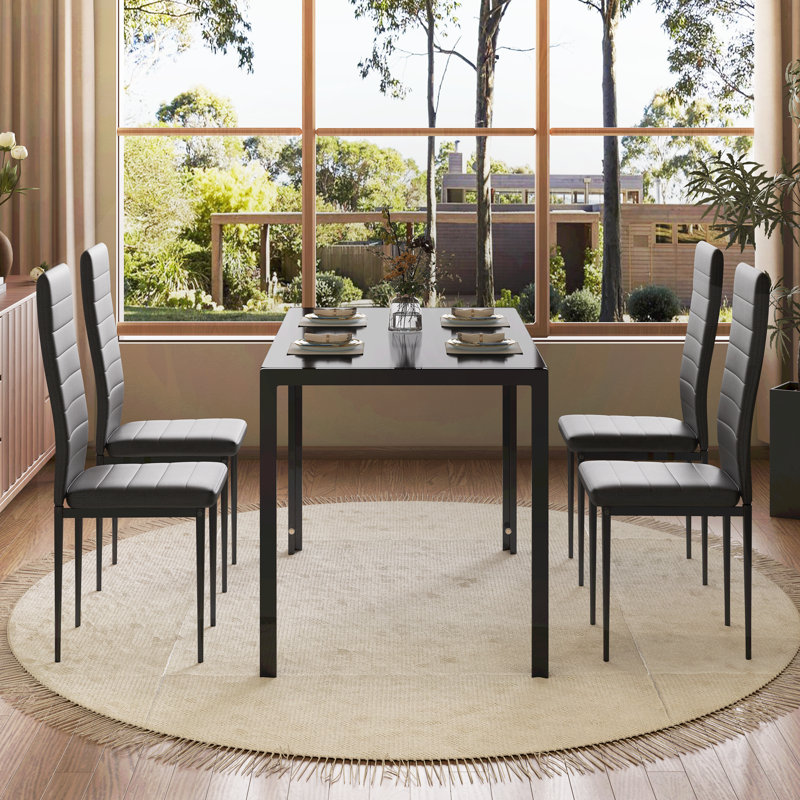 Black Tempered Glass Top Dining Table Set with Faux Leather Chairs