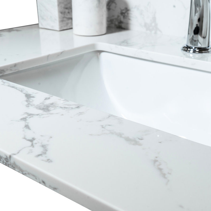 Dessus de meuble-lavabo de 37 pouces - Pierre blanche avec lavabo sous-comptoir en céramique