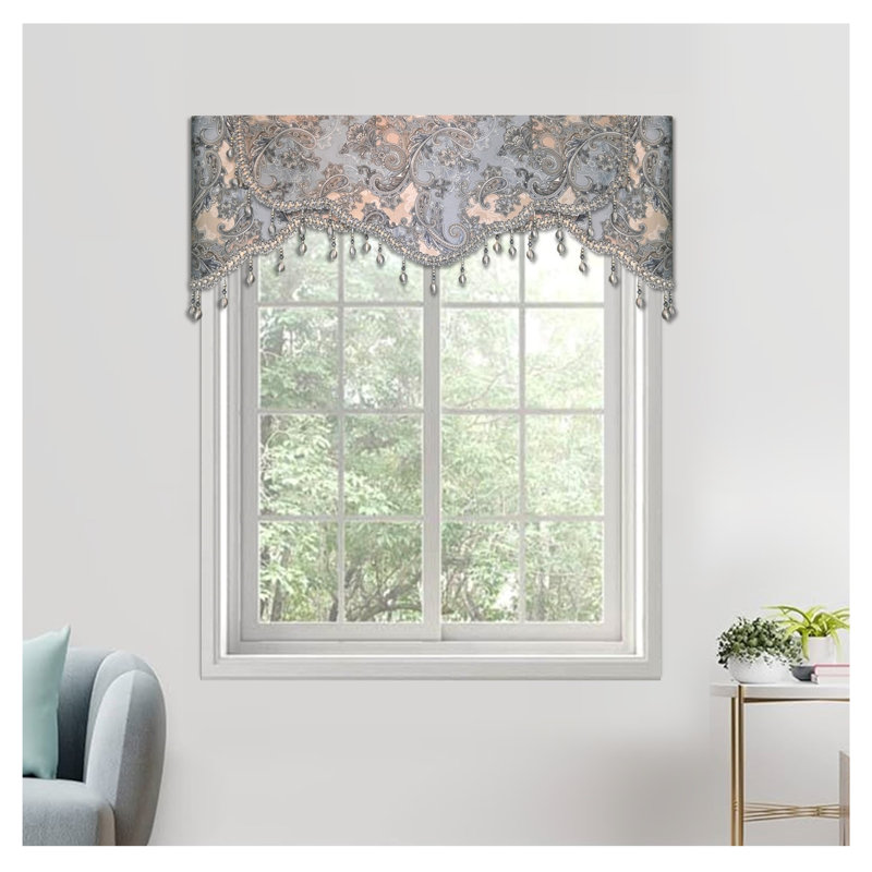 Gray and Beige Scalloped Rod Pocket Valance with Beaded Trim