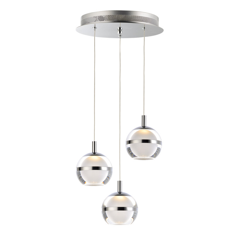 Luminaire suspendu sphère 3 lumières DEL Eliset, Chrome poli, Transparent