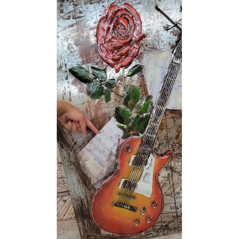 Guitare et rose, art mural 3D sur toile métallique