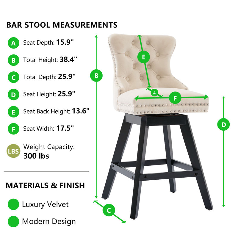 Tabourets de bar modernes pivotants en velours à hauteur de comptoir (ensemble de 4), Beige