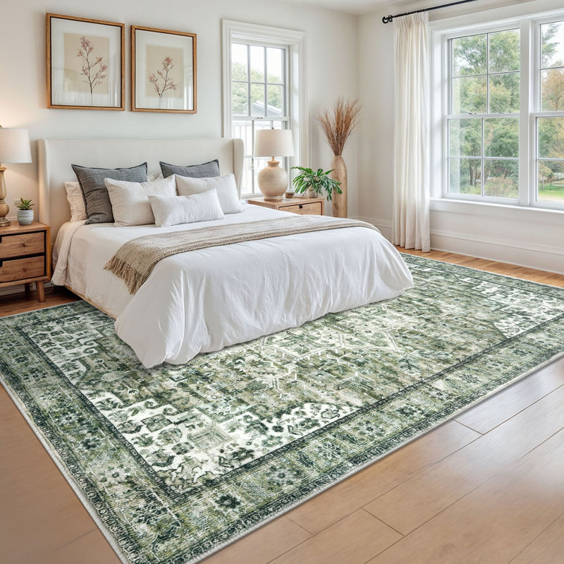 Washable Oriental  Area Rugs Non slip Green Rugs, Rectangle 9' x 12'