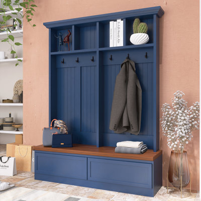 Farmhouse Hall Tree 55.9" Width X 75.6" Height With Shoe Bench And Coat Hooks