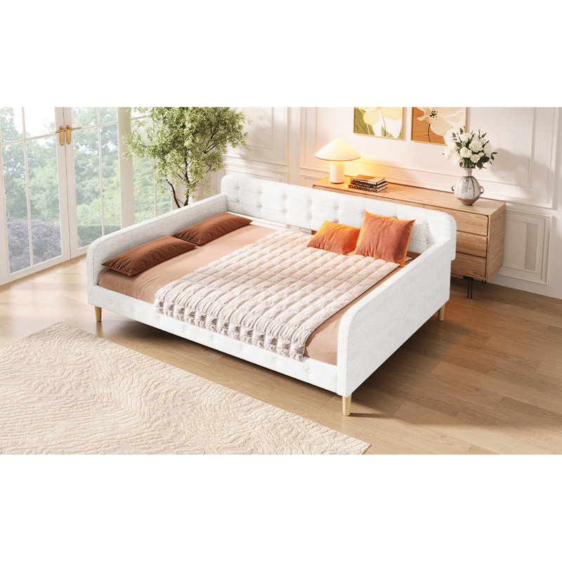 Lit de jour grand rembourré beige, 4 pieds, pin et structure en bois massif, polyvalent pour dormir, aucun lit de jour requis en beige, avec lin, support de style moderne, salon approprié