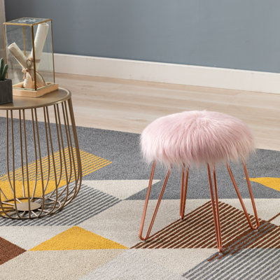 13.5" Wide Round Faux Fur Ottoman with Rose Gold Hairpin Legs for Vanity or Bedroom