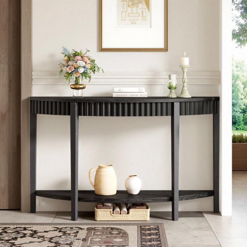 55" Half-Moon Entryway Table – Black Wood Veneer with Open Shelves