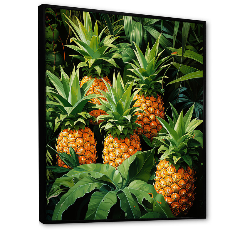 Tapisserie «Jungle Green Pineapple Tropicana» - Ananas, art mural, Cadre flottant noir, 44" H x 34" W