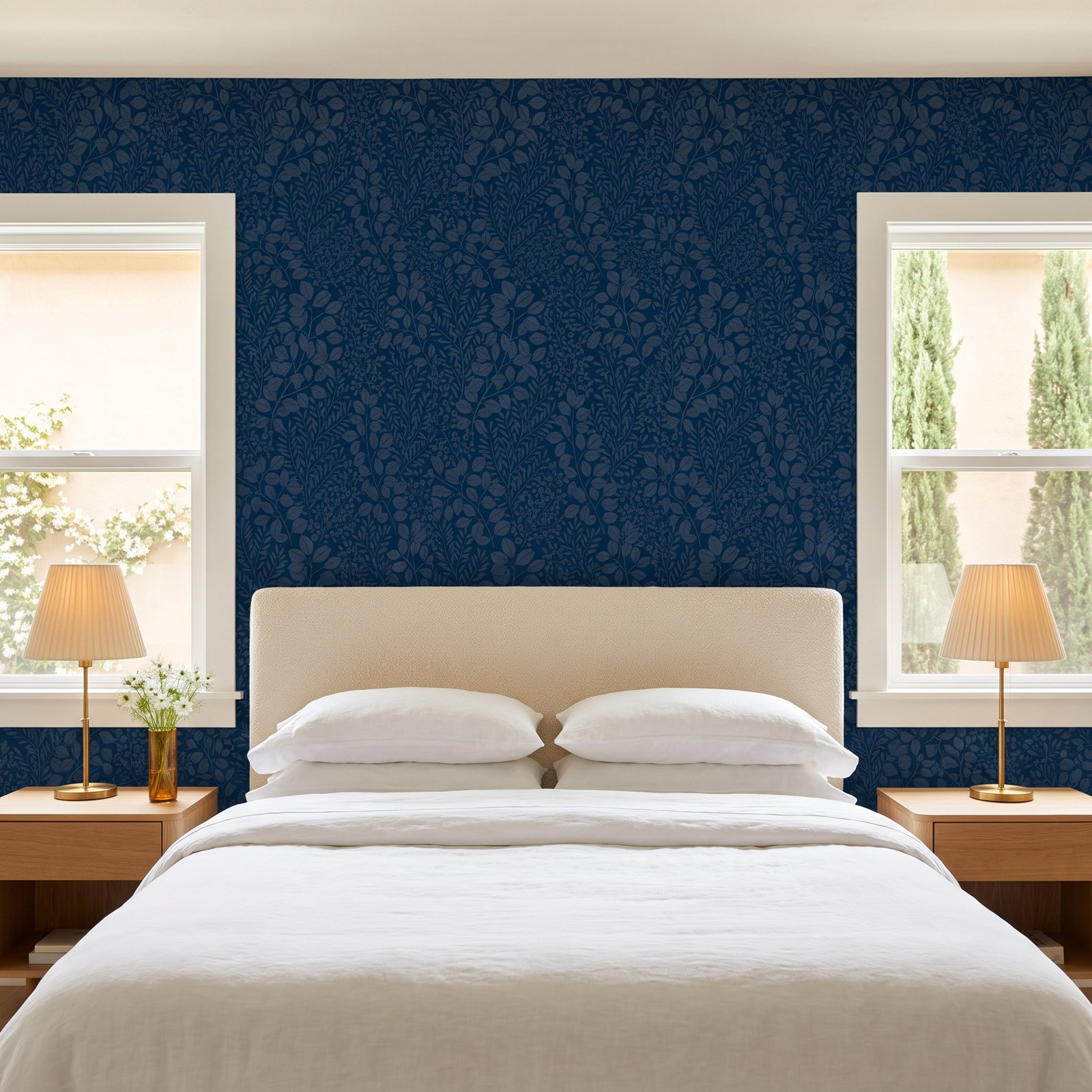 Adamina Flowers Wallpaper, Navy Blue