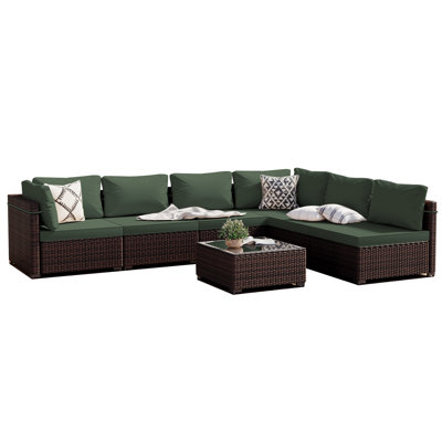  7-Piece Wicker Patio Conversation Set With Green Cushions