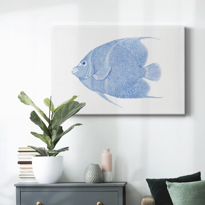 Toile tendue bleue et blanche avec poissons tropicaux, H 12 po x l 18 po